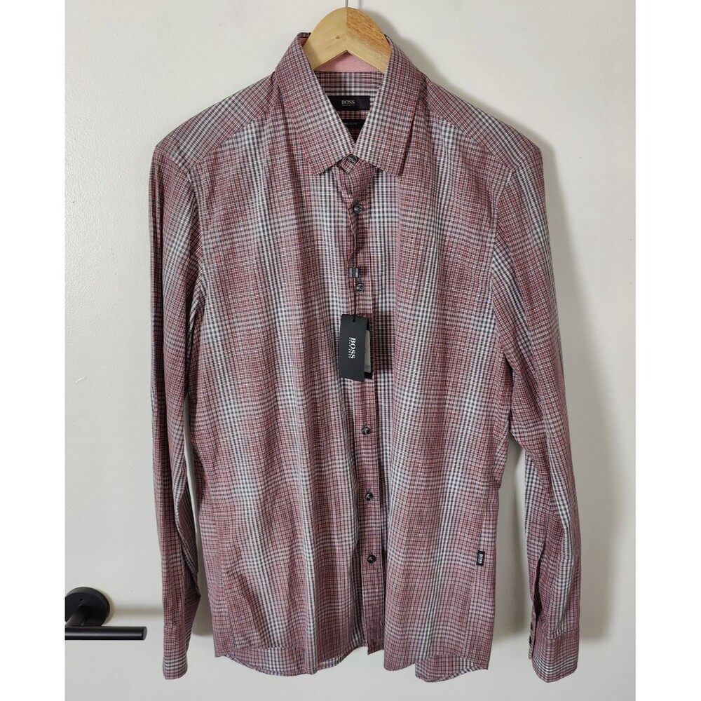 Hugo Boss Shirt Mens Size Medium Regular Fit Red Plaid Obert New Retail $145